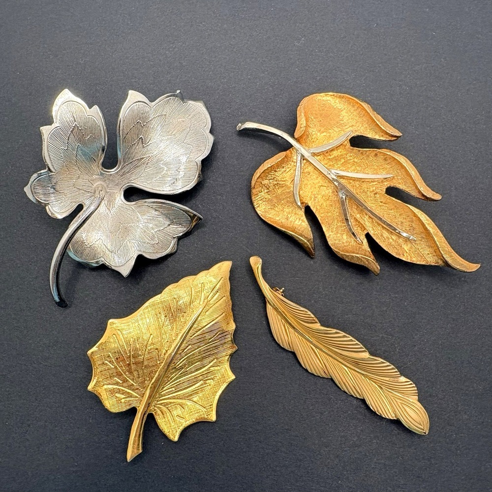 Vintage Lot of 4 Leaf Brooches Gold & Silver Tone Unbranded & Danecraft 12K GF
